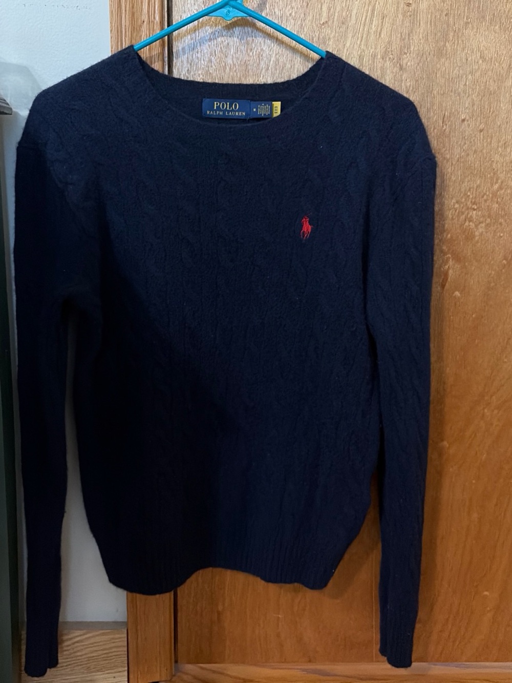 Ralph Lauren Navy Cable-Knit Crewneck Sweater with Red Pony